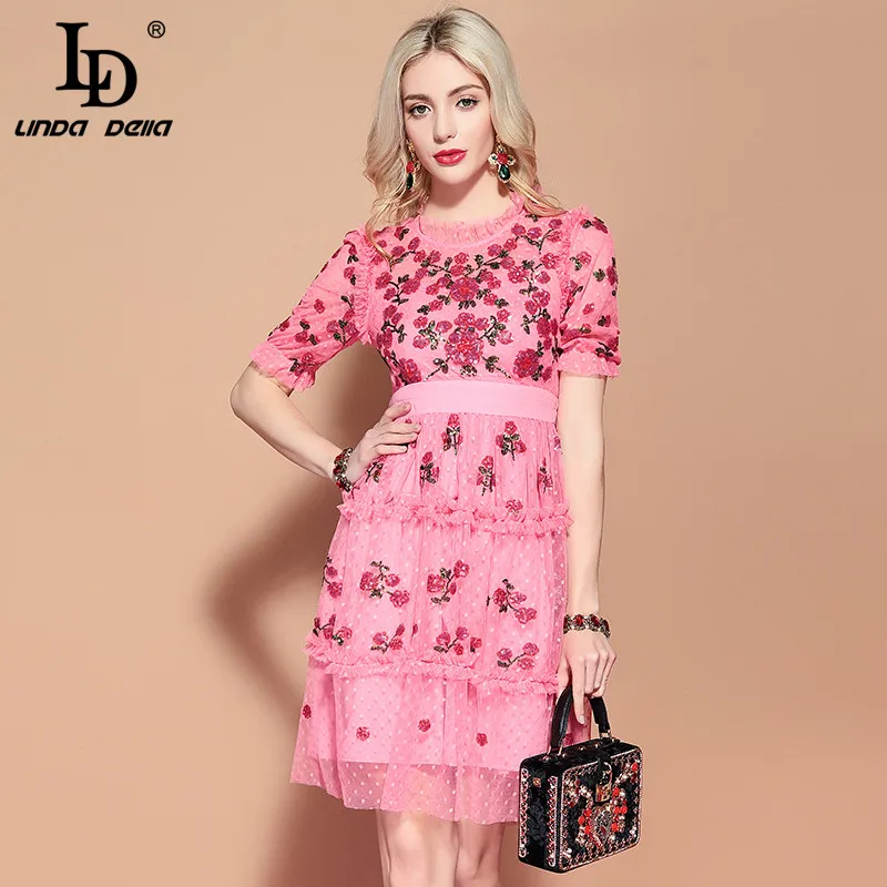 

LD LINDA DELLA 2019 Fashion Runway Casual Summer Dress Women's Short Sleeve Pink Mesh holiday Party Elegant Sequin Dress Vestido