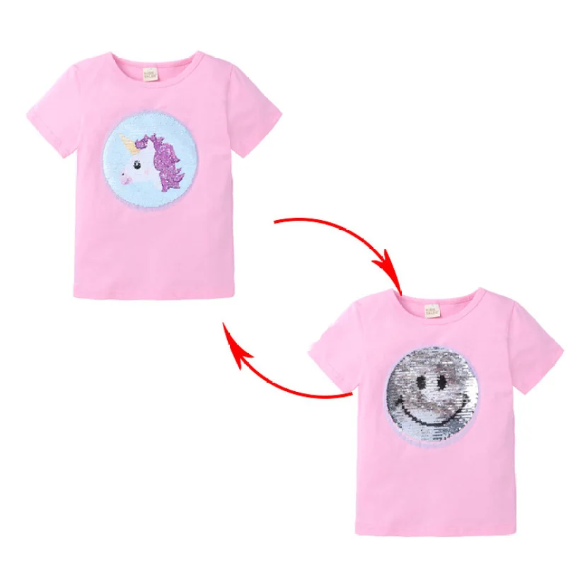 

Girls Clothes Baby Girl Unicorn T-shirt Tops Sequin Decoration Baby Girls 2-8 Years Summer Short Sleeves Cotton Tees Pink Yellow