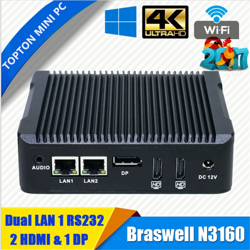 Topton Мини ПК Windows 10 Intel V7 N3160 Безвентиляторный Barebone Мини компьютер 2 Lan HDMI 4K HTPC ТВ коробка нано промышленный Мини ПК VESA