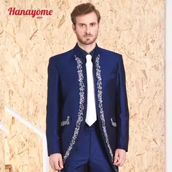 Для мужчин королевский синий 2 шт. костюмы 2017 бренд дизайн костюм с вышивка роскошные свадебные смокинг жениха куртка пальто плюс размеры SI88