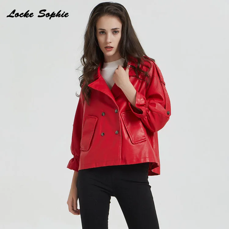 Women's Plus size short jacket blazers 2019 Autumn PU leather faux fur Double-breasted Jacket ladies Skinny locomotive blazers