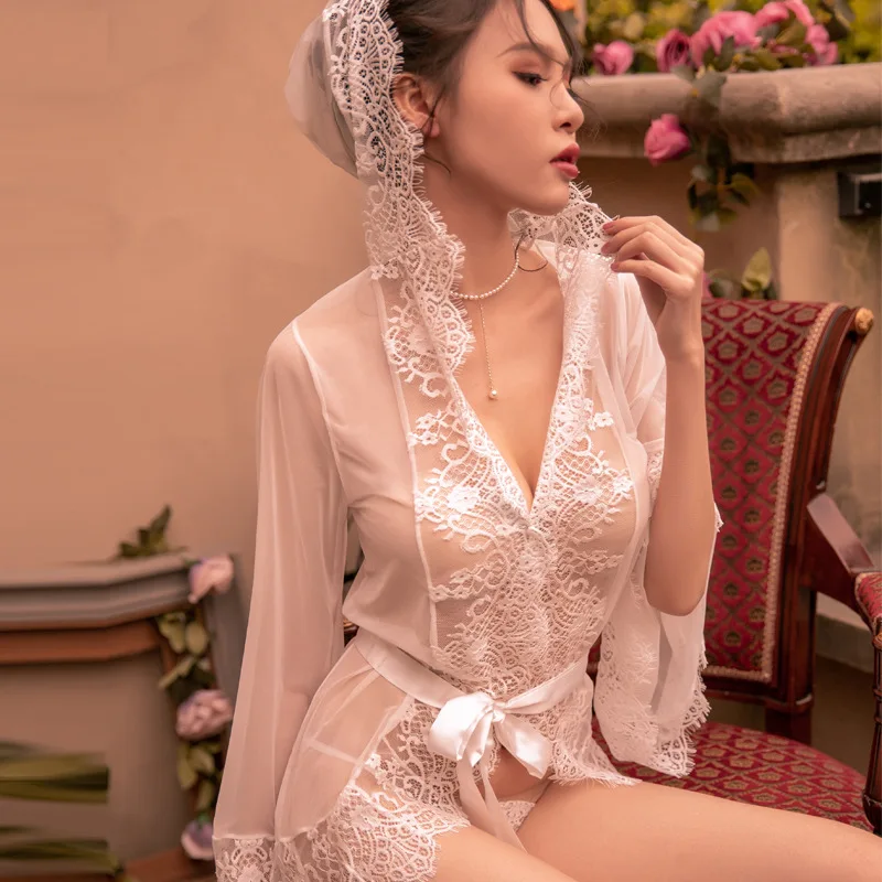 DDL сексуальные женские пижамы с шапкой напечатаны BabyDolls сетки кружева