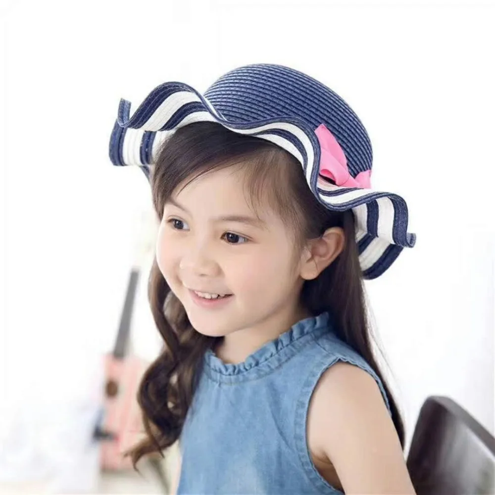 

Kids Girl Outdoor Sun Hat Baby Girs Strip Hats Bow Decorations Kids Caps Spring Hat Fashion Summer Big Brimmed Hat