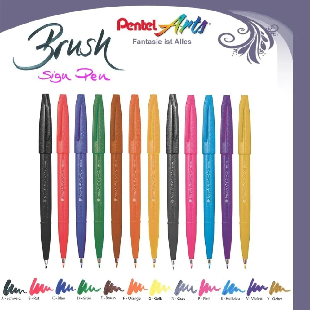 

Pentel fude touch sign pens brush tip 6/12 assorted colors in pen pouch for modern calligraphy, hand lettering, Japan set
