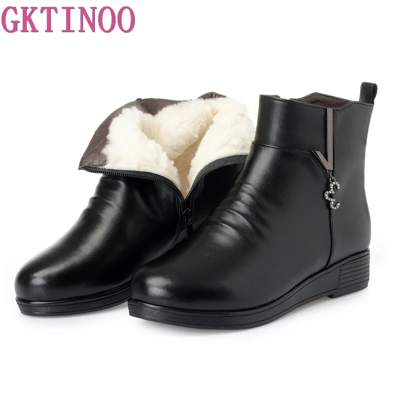 

GKTINOO Plus size(35-43) winter women leather wedges snow boots wool fur ankle boots warm shoes women boots