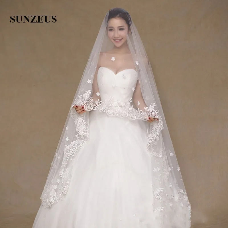 

2.5 Meters Luxurious Wedding Veils for Bridal Lace Edge with Flowers and Beaded Wedding Accessories Voile Mariage SV03