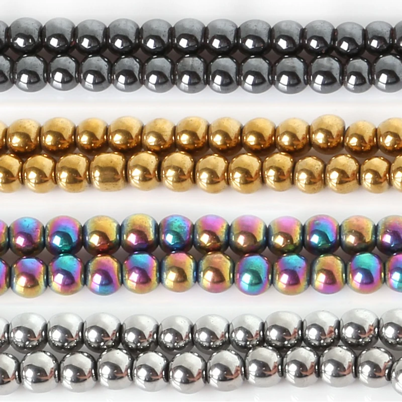 

Pick Size 4 6 8 10 MM Natural Stone Silver Gold Black Rainbow Plated Round Hematite Beads For Jewelry Making DIY Bracelet