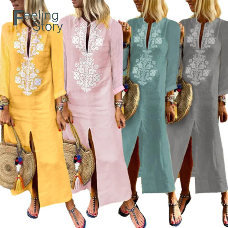 

Art Fan Dress Cotton Linen Women Dresses Spring 2019 Loose Linen Long Dress Plus Size Long Sleeve Print Dresswith a slit Womens