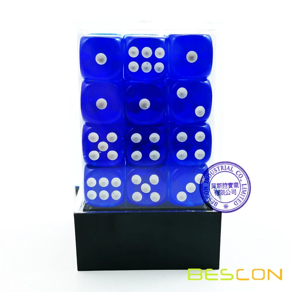 Bescon 12mm 6 Sided Dice 36 in Brick Box, 12mm Six Sided Die (36) Block of Dice, Translucent Royal Blue with White Pips