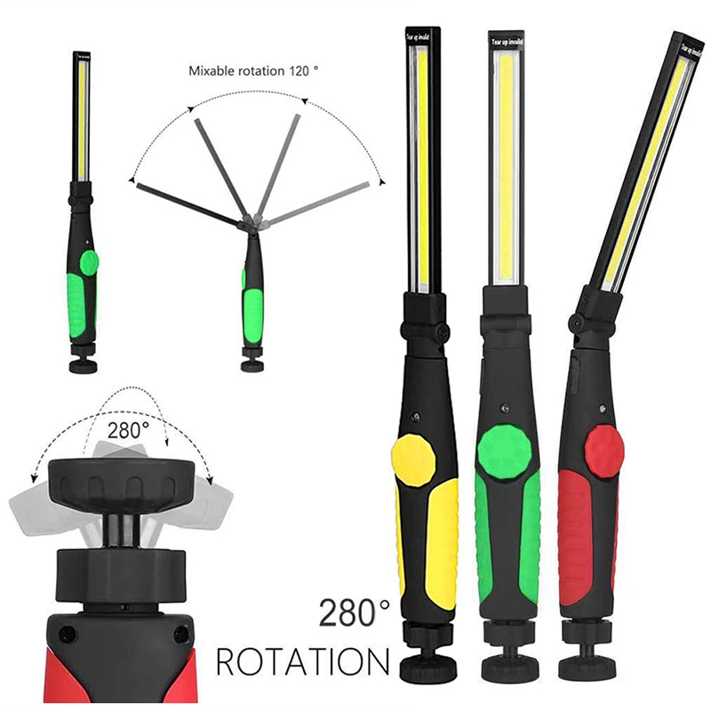 

Adjustive Red/Green/Yellow Rotary COB Lamp Working Light Rechargeable LED Slim Flashlight Magnetic Torch