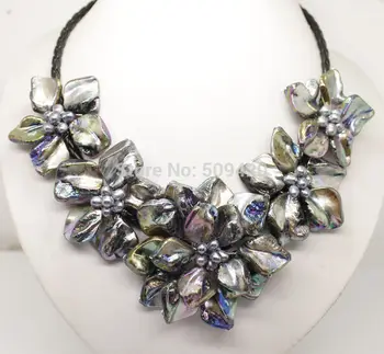

Free Shipping Beautiful black Baroque Shell Flower Pearl Necklace