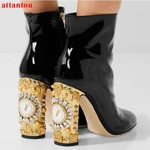 new design watches and clocks crystal women booties ankle high chunky high heel inner zipper boots rivet suede leather footwear