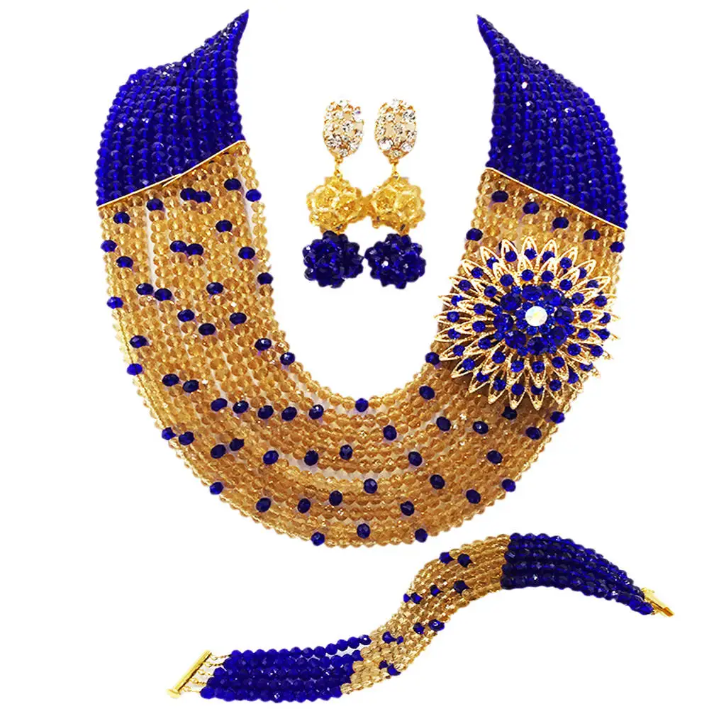 

Fashion Royal Blue Champagne Gold Nigerian Wedding African Beads Jewelry Set Crystal Necklace Bracelet Earrings Sets 10SZ12