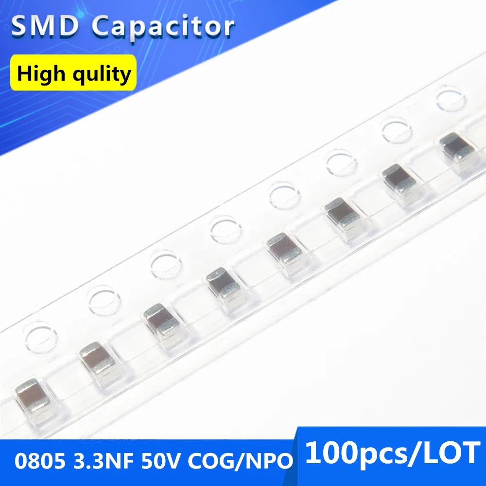 

100pcs SMD Thick Film Chip Multilayer Ceramic Capacitor 0805 3.3NF 3300PF 50V COG/NPO 5%