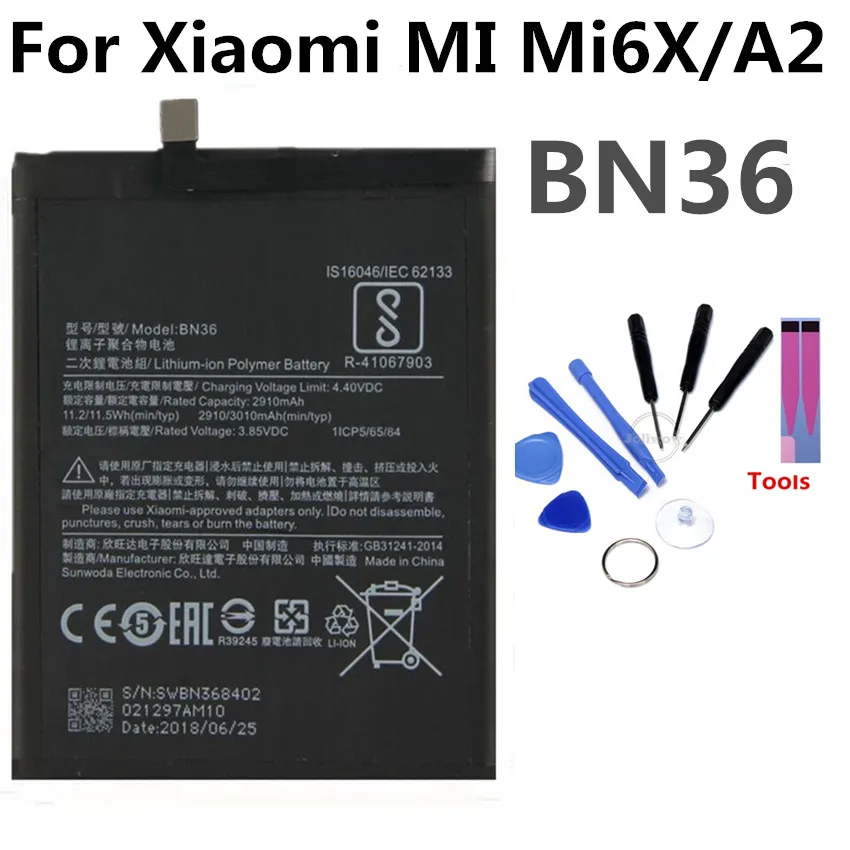 

BN36 Mobile Phone Battery For Xiaomi MI MI6X 6X A2 Real Capacity 3010mAh Replacement Li-ion Battery