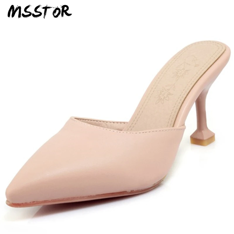 

MSSTOR Pointed Toe Mules Shoes Women Slingbacks Black Fashion Casual Concise Party High Heels White Thin Heels Women Slippers