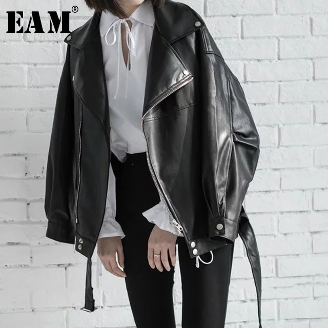 US $31.74 [EAM] High Quality 2020 Spring Black PU Leather Loose Turn-down Collar Zipper Fashion New Women's W