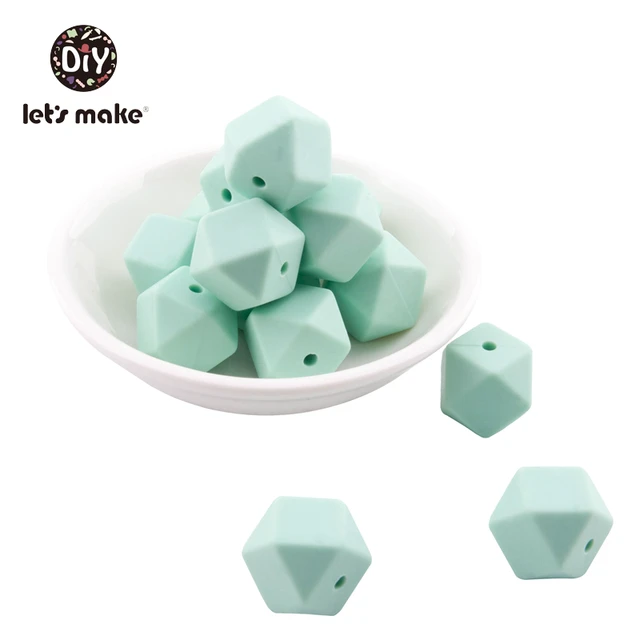 Let's Make Silicone Beads Hexagon Beads 14mm 10pc Food Grade Silicone Teether DIY Pacifier Clips Beads Necklace Baby Teether Mint