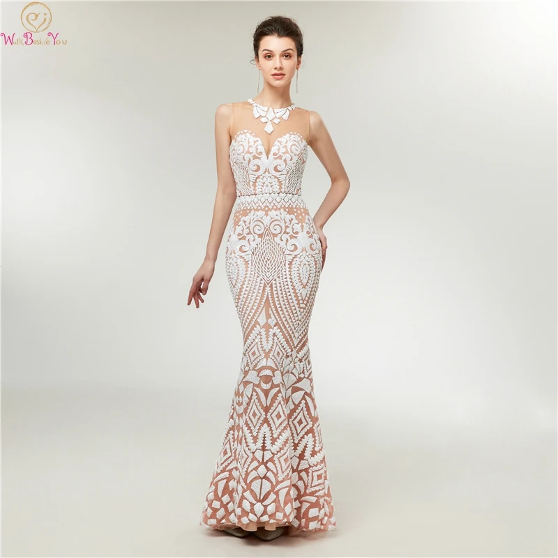 

2019 Mermaid Celebrity Formal Party Evening Dresses O Neck Sleeveless robe de soiree Illusion Sequined Tull Gowns abendkleider
