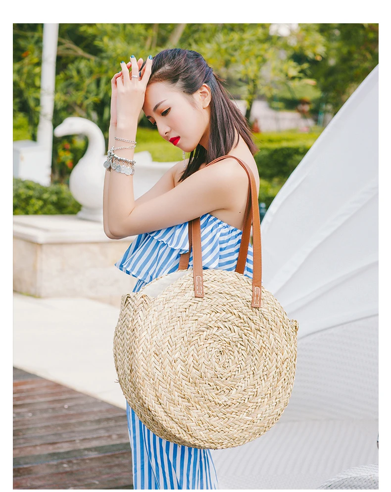 Новая натуральная ручная большая соломенная сумка, круглая популярная Соломенная женская сумка через плечо, пляжная сумка для отдыха, женская большая сумка
