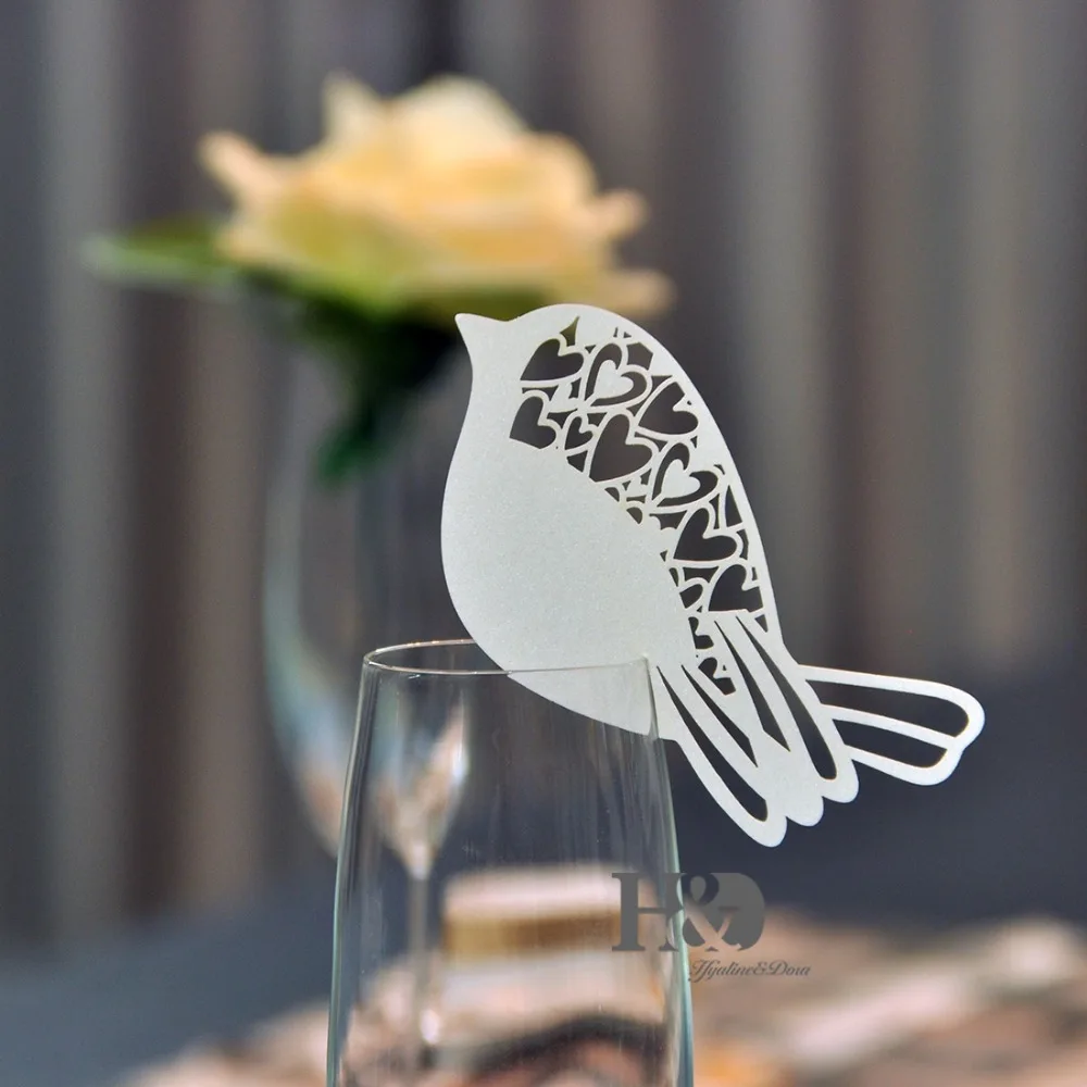 Heart Wedding Name Placement Cards For Wine Glass Laser Cut On Pearl Card