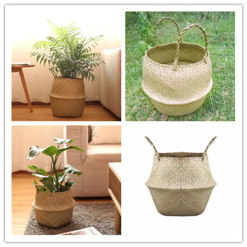 Rattan Straw Basket Flower Pot Storage Basket Wicker Seagrasss Fold Laundry Flower Vase Wedding Home Garden Hanging Basket Decor