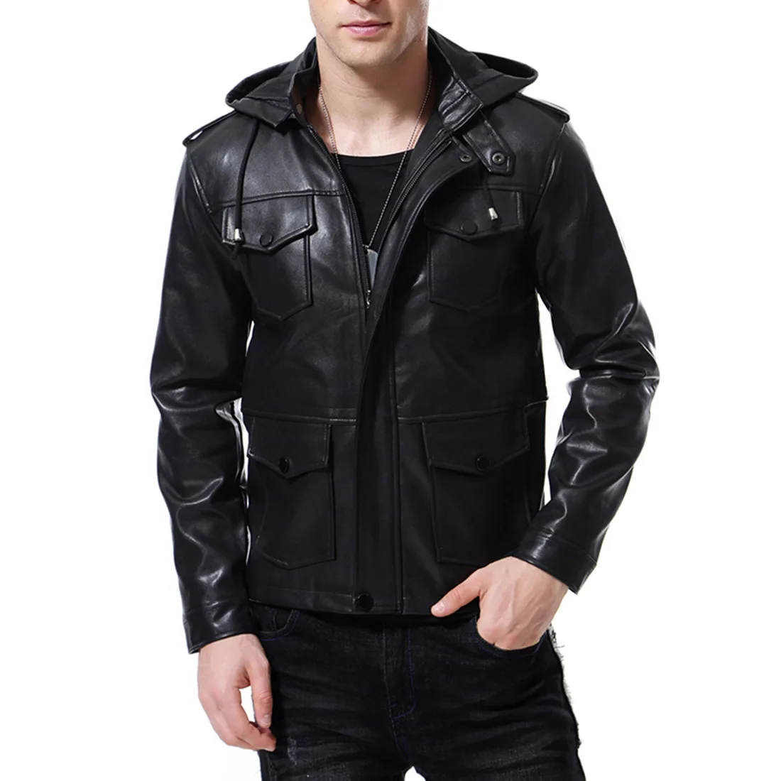 2019 Autumn New High-end Men's Motorcycle Hooded Men's Leather Jacket Leather European And American Jacket B005