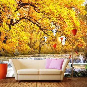 

Custom Wall Painting 3D Wallpaper Gold Trees Late Autumn Forest Water Landscape Mural Bedroom Living Room Background Decoration
