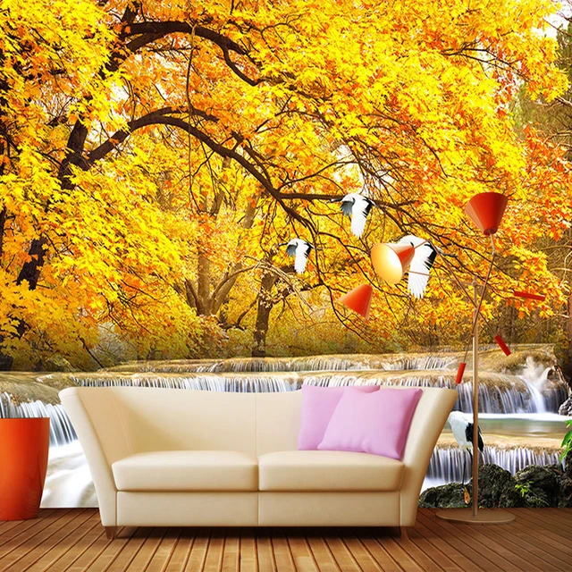 custom wall painting 3d wallpaper gold trees late autumn forest