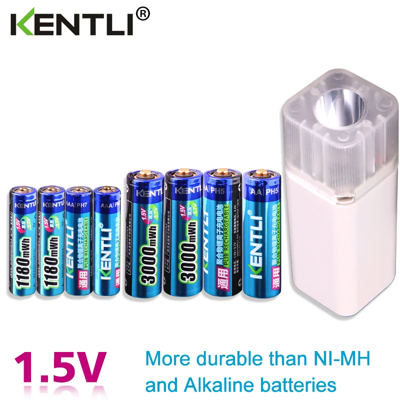 KENTLI 8pcs 1.5v aa aaa batteries Rechargeable Li ion Li polymer Lithium battery + 4 slots AA