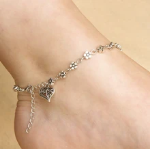 2015 Summer Style Silver Plated Plum Blossom and Heart Charms Anklet Ankle Bracelets for Women Vintage Foot Jewelry