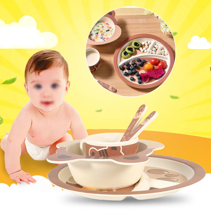 5Pcs Cartoon Bamboo Tableware Animal Baby Feeding Food Bowl Infant Kids Plate Eco-friendly Cute Children Baby Eating Food Bowl