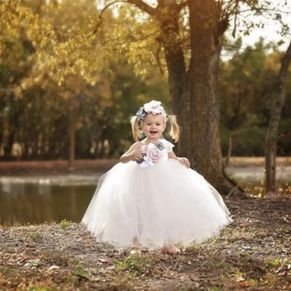 Elegant Flower Girl One Shoulder Dress for Girls Voile Tutu Dress Kids Bridesmaid Ankle Length Party Dress Set Baby Girl Clothes (2)