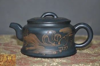 

wedding decoration 6"Chinese Yixing zisha pottery carving scenery calligraphy teapot pot Tea maker