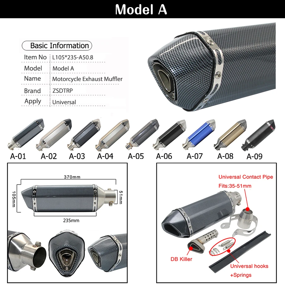 Дешево ZSDTRP универсальный мотоцикл Akrapovic выхлоп модифицированный Кроссовый глушитель для FZ6 CBR250 CB600 MT07 ATV Dirt Pit Bike