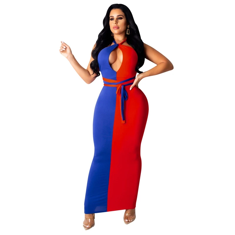 

Color Patchwork Sexy Bandage Bodycon Dress Women Summer Halter Hollow Out Slim Long Dress Elegant Backless Evening Party Dress