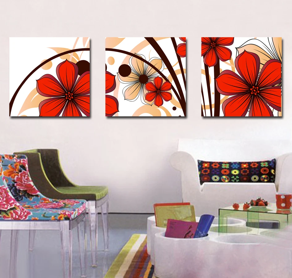 

Flower painting red brown Abstract modular picture home Decor print Painting on canvas 3 panels wall art