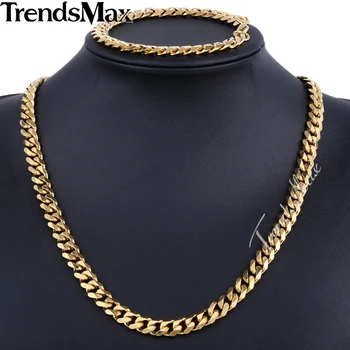 

Trendsmax Brand Jewelry Set 9mm Gold/Black Color Men Chain Stainless Steel Necklace Bracelet Curb Link Fashion Hot KS200 KS202