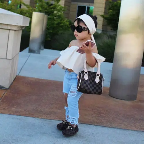 Toddler kid girls clothing Off shoulder sleeve tops Vest ripped hole pants Outfits Baby girl clothes set kids clothing set girls clothing set