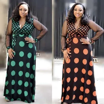

African Clothes Vintage Polka Dot Maxi Dress Women Mesh Sleeve Patchwork V-Neck Belt Long Dress Robe Beach Partyclub