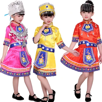 

Kids Chinese Folk Dance Costume Hmong Chinese National Traditions Outfits Girls Miao Performance Dance Costumes Stage wear