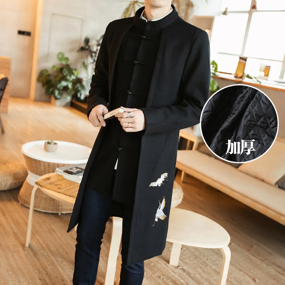 Traditional Chinese Long Coat Men's Woolen Winter Jacket SZ S 3XLin