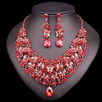 

Fashion Butterfly Necklace Earring Sets Vintage Bridal Jewelry Sets Red Rhinestone Party Wedding Costume Accessories for Women