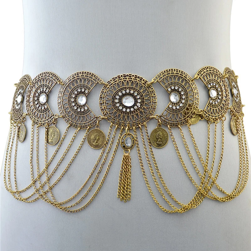 

Fashion Mental Tassel Golden Belly Chain Belts Women Crystal Inlay Alloy Casual Dance Gold Waist Chain Vintage Fringe Belt 113