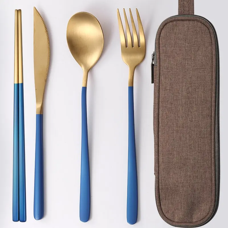 JueQi походный набор посуды столовые приборы 304 нержавеющая сталь Палочки для еды посуда кухонная посуда включает нож вилка чайные ложки мешок - Цвет: Blue gold 4 PC