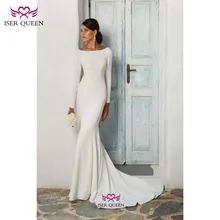 Long Sleeves Embroidered Lace Satin Mermaid Wedding Gowns Sheath Spanish Pure White Vestido Wedding Dress w0540