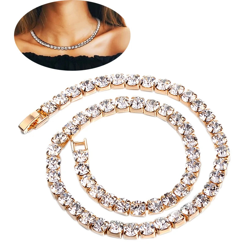 

1 Pc 1 Row Rhinestone Choker Luxury Women Mens Hip Hop Necklace Bling Crystal Link Chain Jewelry 3 Colors
