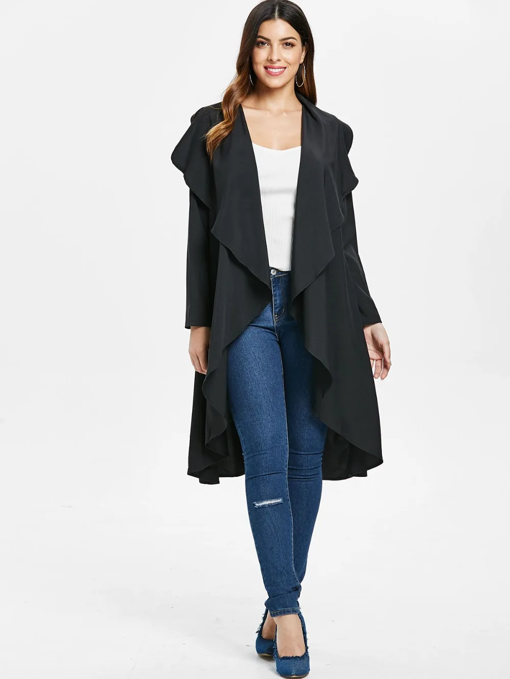 LANGSTAR Women Plus Size Coat Trench Ruffle front Drape Long Coat Turn ...