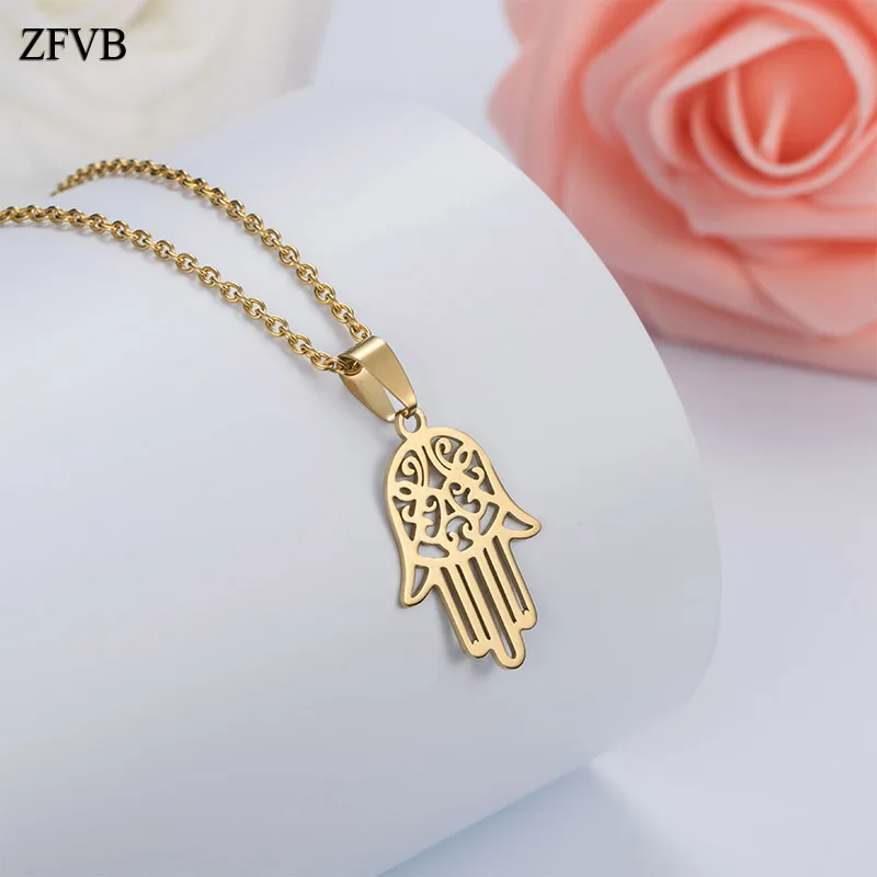 

ZFVB Fashion Charm Women Hand Pendant & Necklaces 316L Stainless Steel Hand of Fatima Pendant Necklaces Jewelry Gift QIEGE011