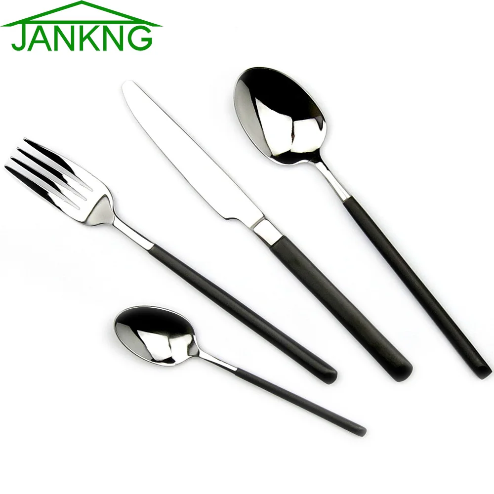 

JANKNG 24 Pcs/Lot Black Handle Dinner Set Stainless Steel Cutlery Set Knife Cutlery Fork Silverware Dinnerware Set Service for 6
